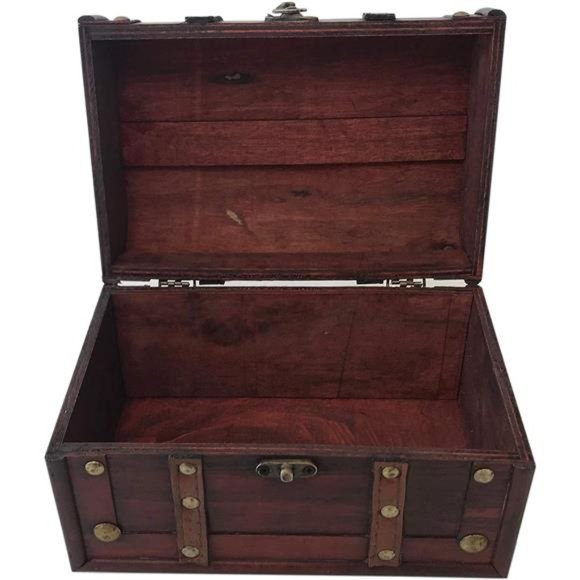 Wood and Leather Treasure Chest Box Decorative Storage Chest Box with Lock - Picture 7 of 7